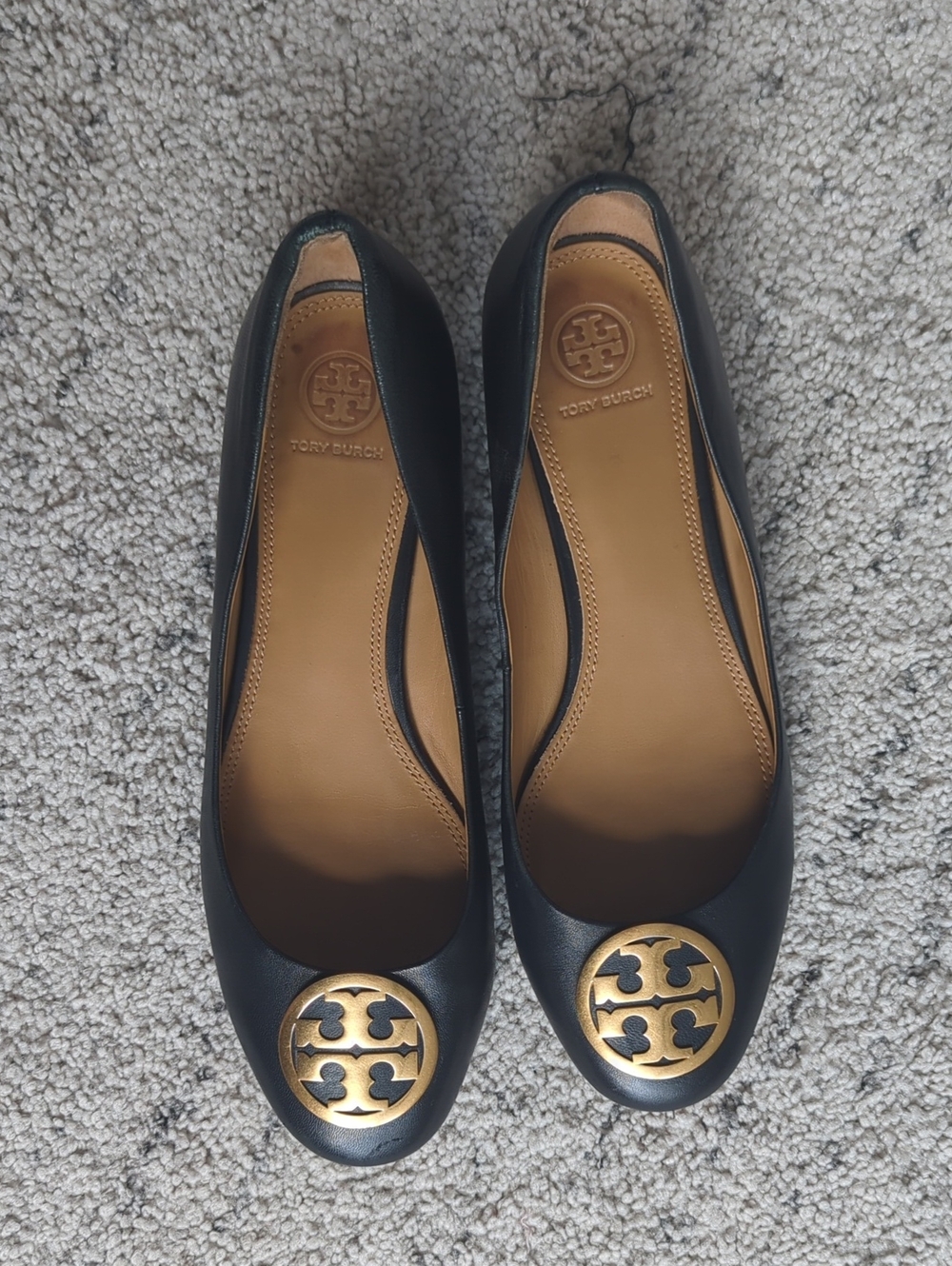 Tory Burch Black Leather Ballet Flats with Gold Logo Medallion